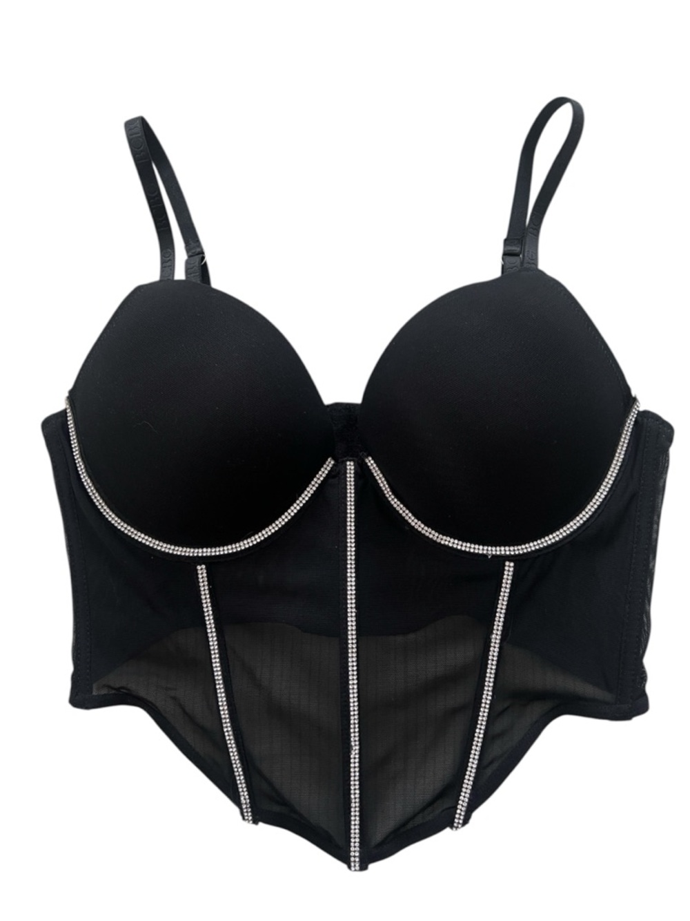 BCBGeneration Black Silver Rhinestones Push Up Corset Bra Size 36C
